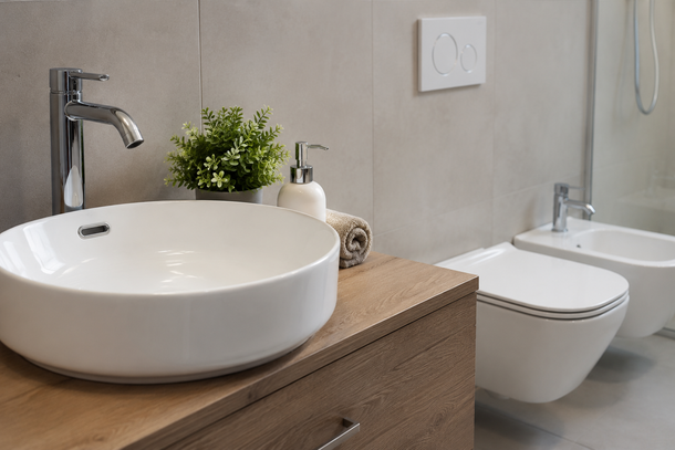 Bagno moderno con lavabo a ciotola bianco, mobiletto in legno, WC sospeso e pareti rivestite con piastrelle grigie.