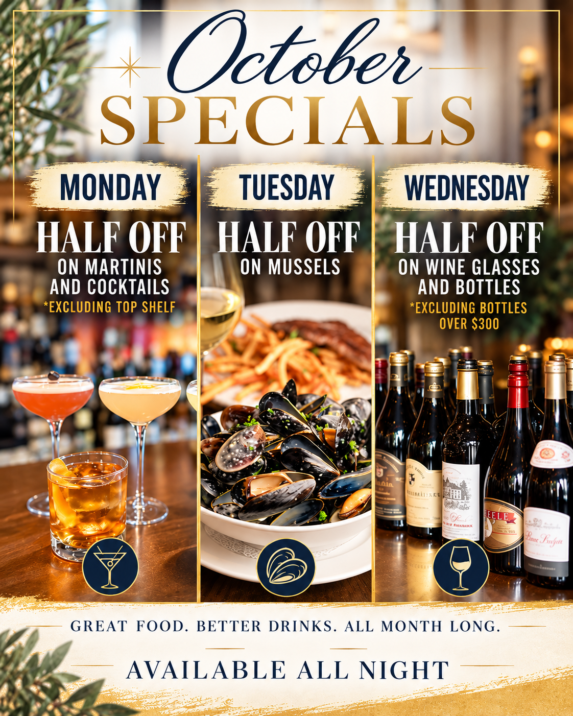 a flyer with a glass of wine and a plate of food