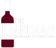 Logo for The Parisian Restaurant & Wine Bar; wine bottle outline with text.