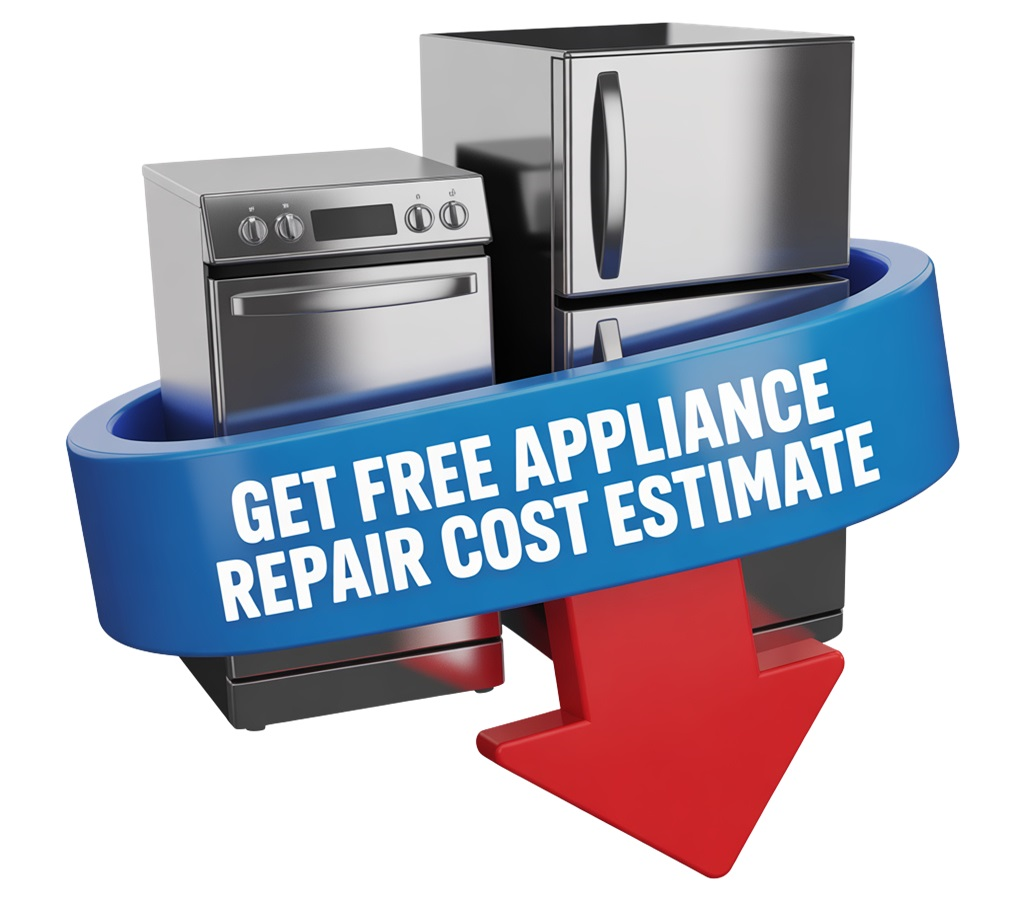 Blue banner with white text “Get Free Appliance Repair Cost Estimate” over a stove, fridge, and red arrow.
