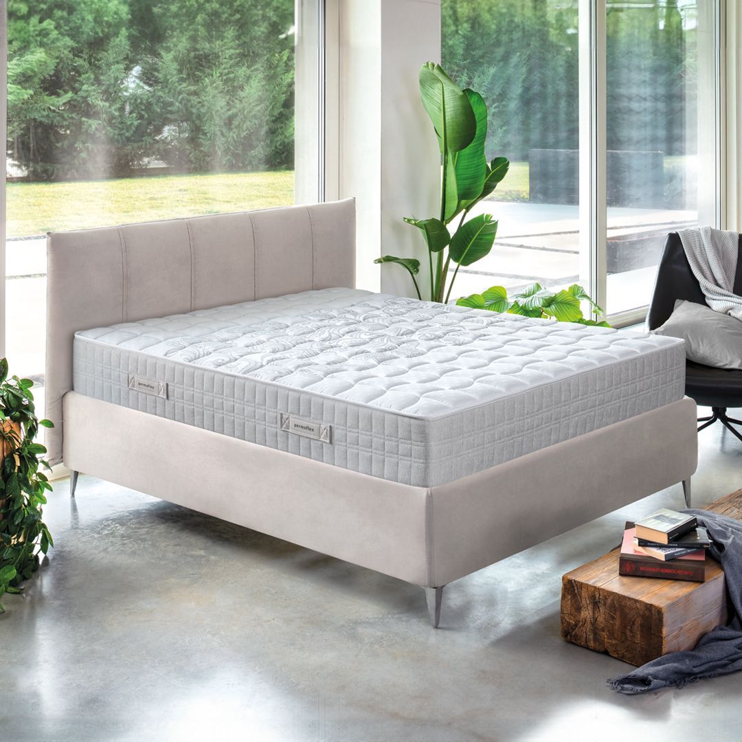 Letto beige in una stanza luminosa con una grande finestra e un albero decorativo.