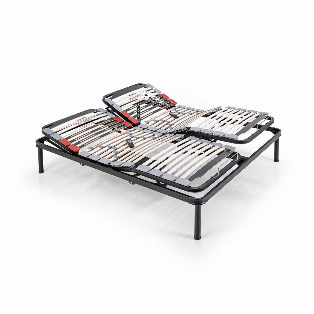 Struttura letto regolabile con testiera e pediere separate, struttura in metallo nero, doghe in legno.