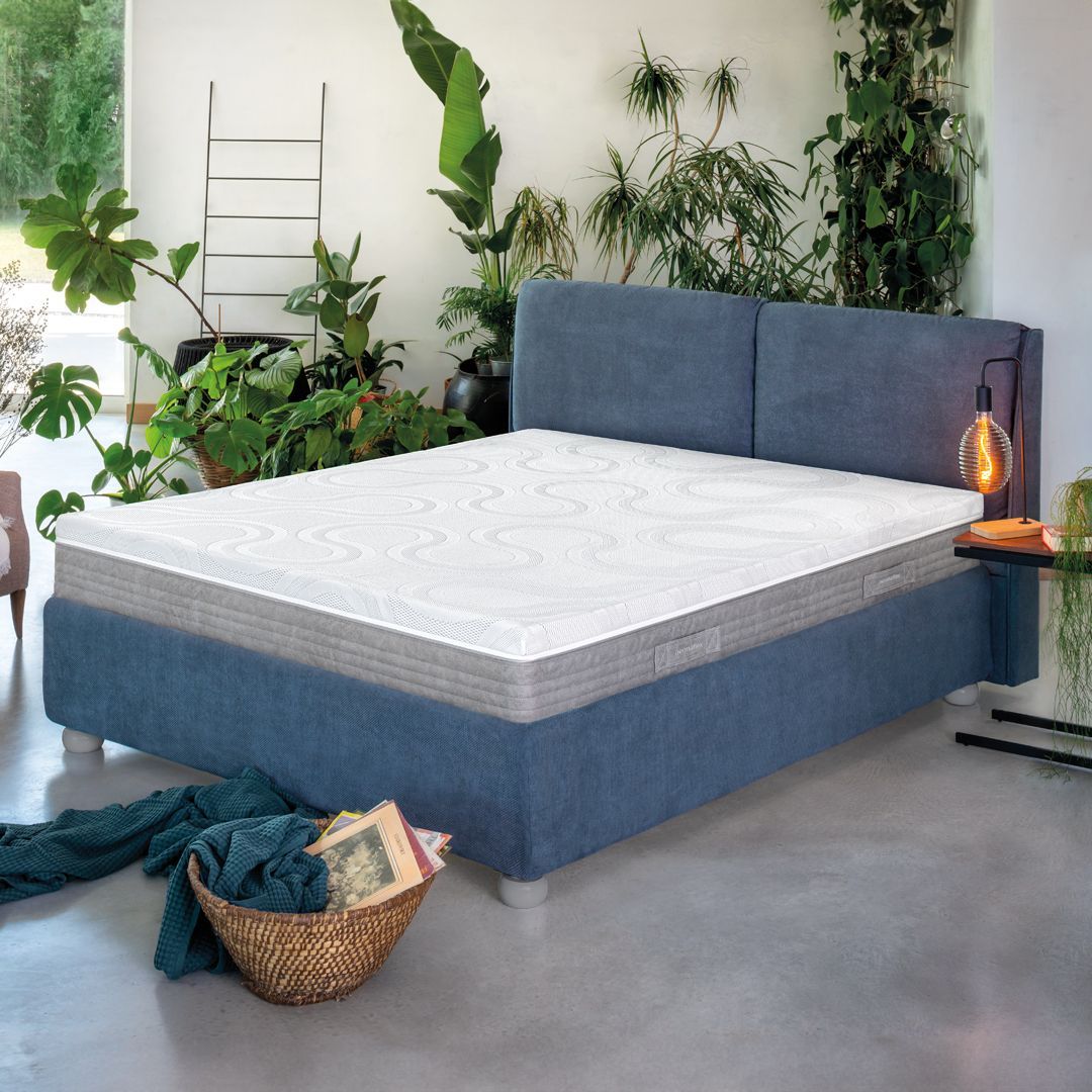Letto blu con materasso bianco, circondato da piante in una stanza luminosa.