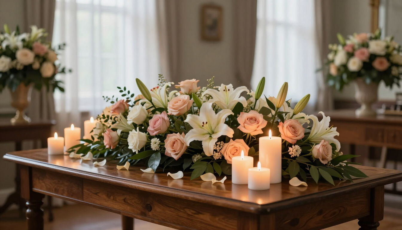 Peaceful memorial setting with flowers and candles
