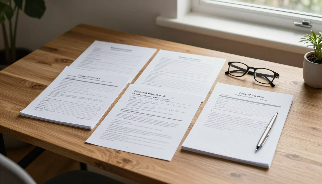 Printed documents, glasses, and a pen on a wooden desk by a window