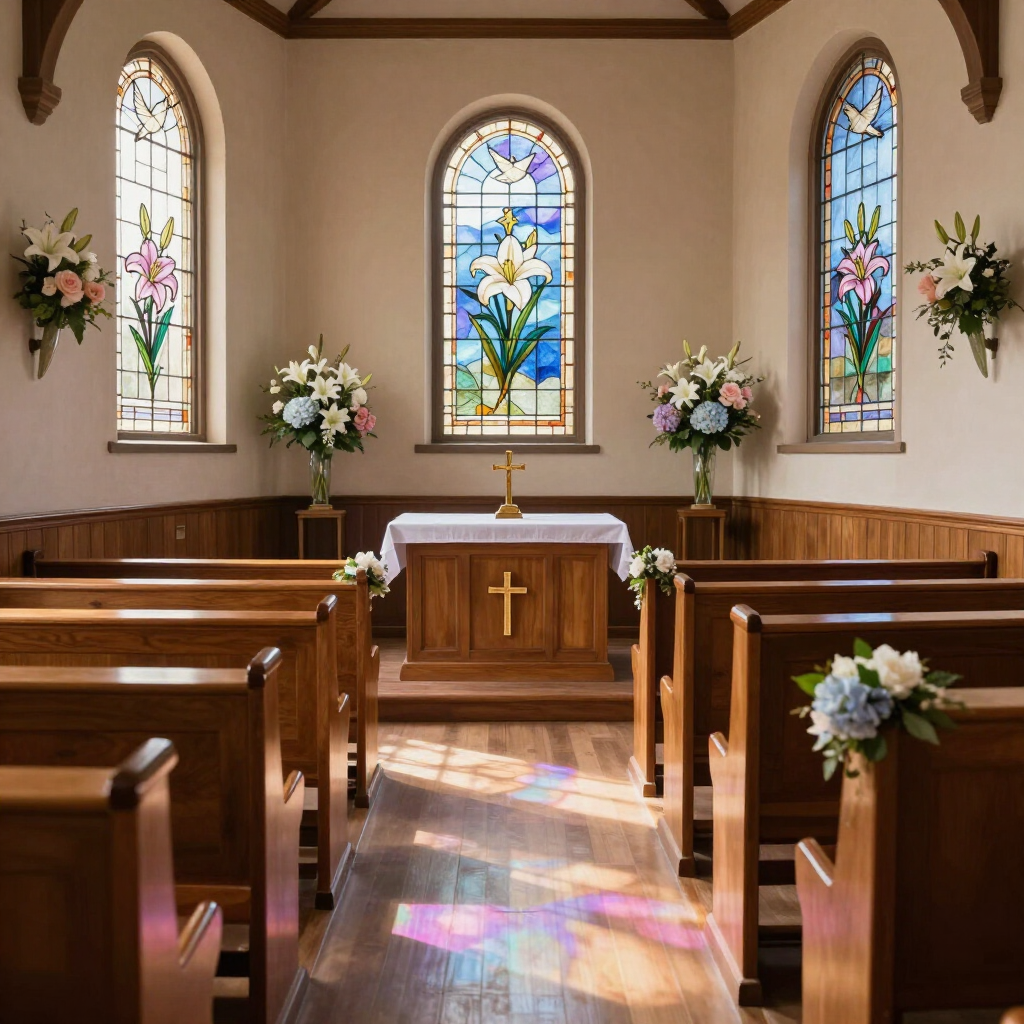 Sunlit church sanctuary with wooden pews, stained glass windows, altar, and floral arrangements