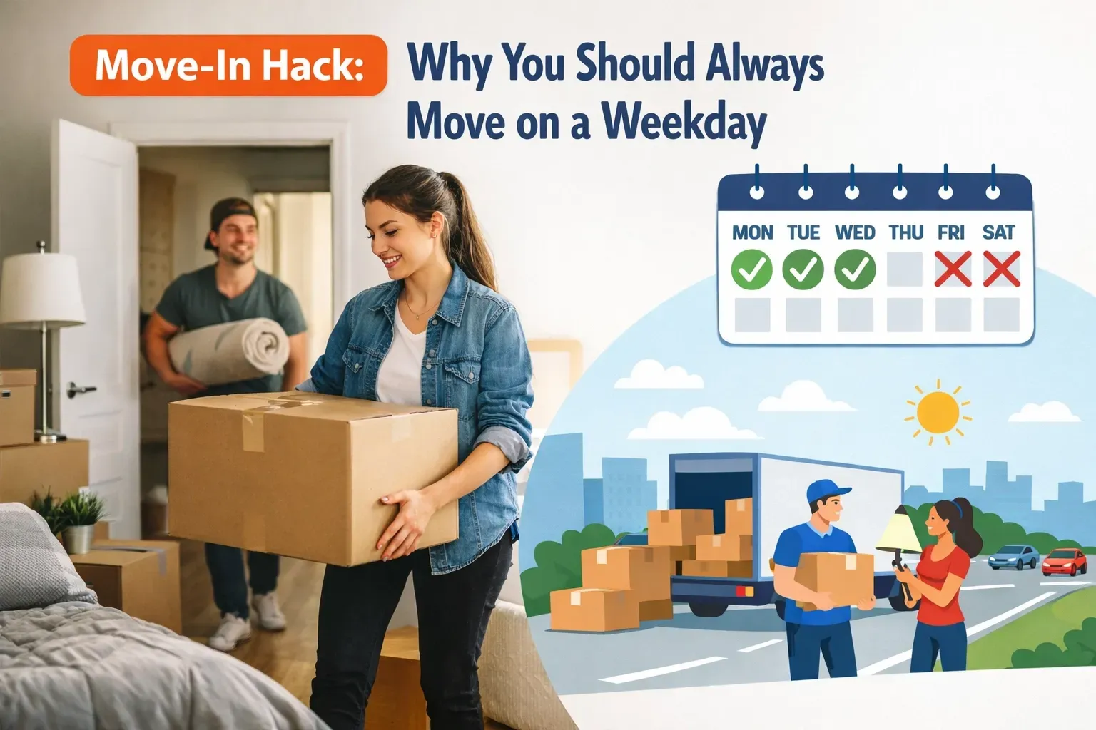 Moving on a weekday guide: couple carrying boxes, a moving truck, and a calendar showing weekday moves are preferred.