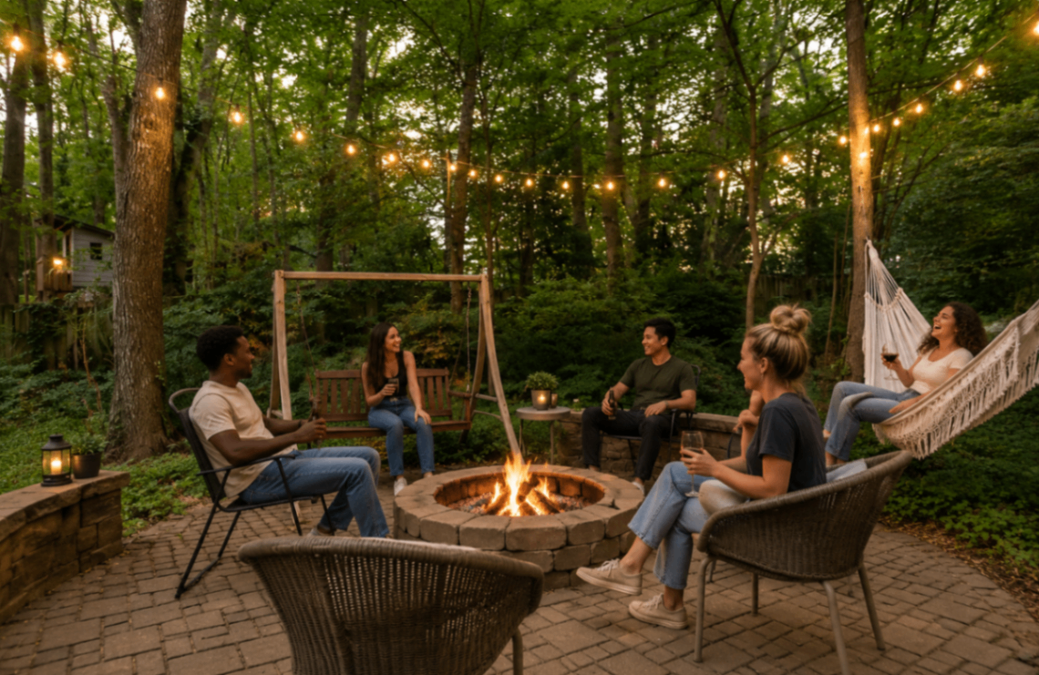 Nighttime gathering around the outdoor fire pit at Grosner