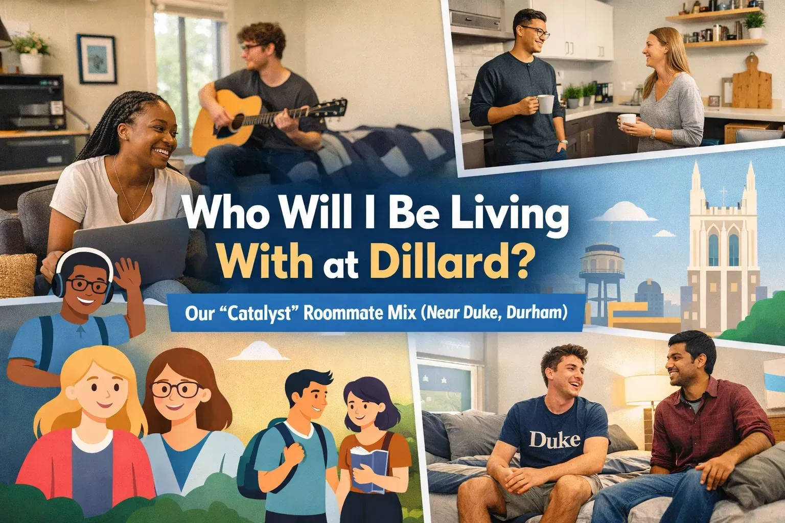 Promotional graphic: Diverse students in dorm rooms, with text asking