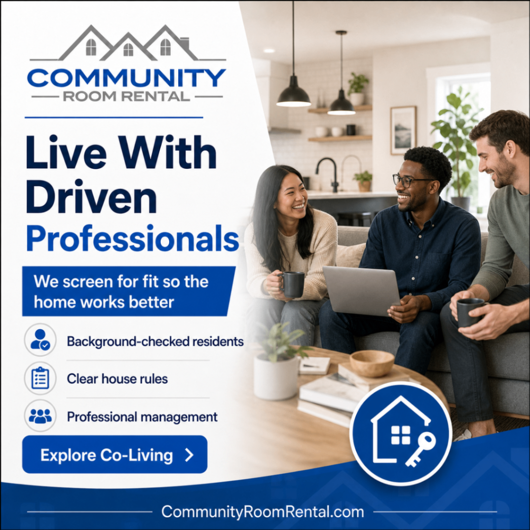 Three young professionals in a modern Charlotte living room sharing a conversation, illustrating the