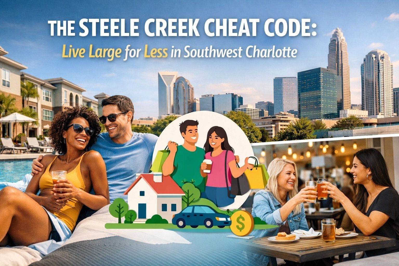 Advertisement promoting Steele Creek in Charlotte, NC. People enjoying leisure activities and shopping, with the city skyline.