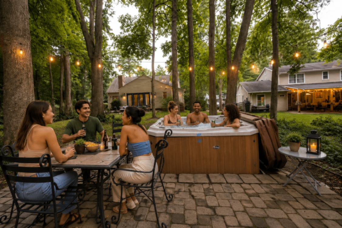 Outdoor hot tub and patio area at Grosner co-living property