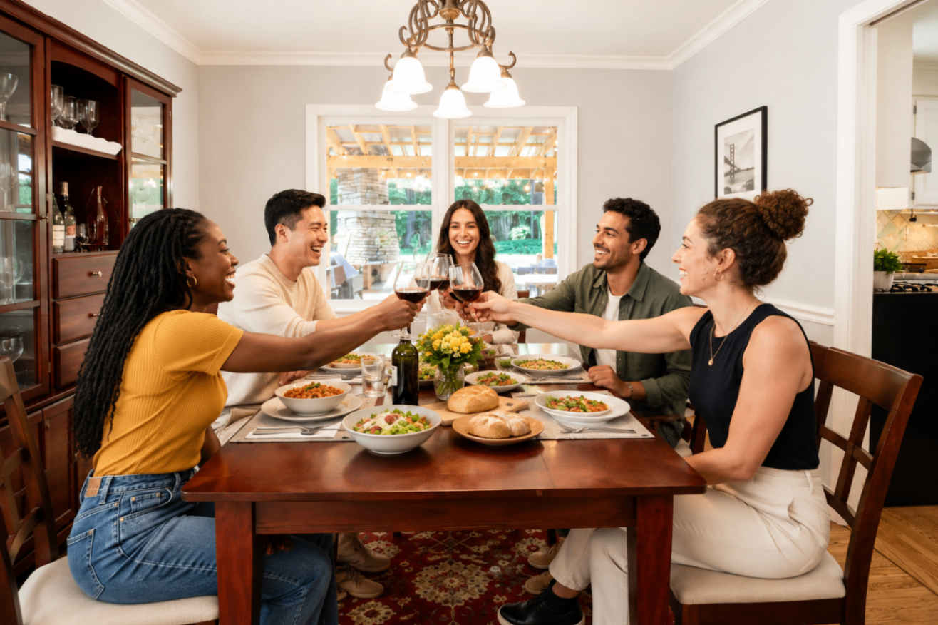 Housemates enjoying a group dinner in a modern co-living dining room