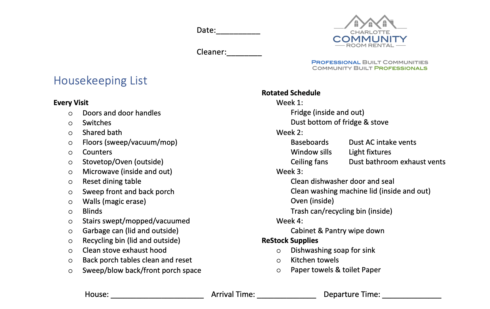 Housekeeping checklist with sections for daily and weekly tasks.