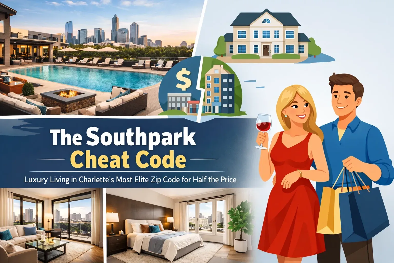 An ad for luxury living in Charlotte's Southpark area featuring a pool, condo, house, and shopping couple.