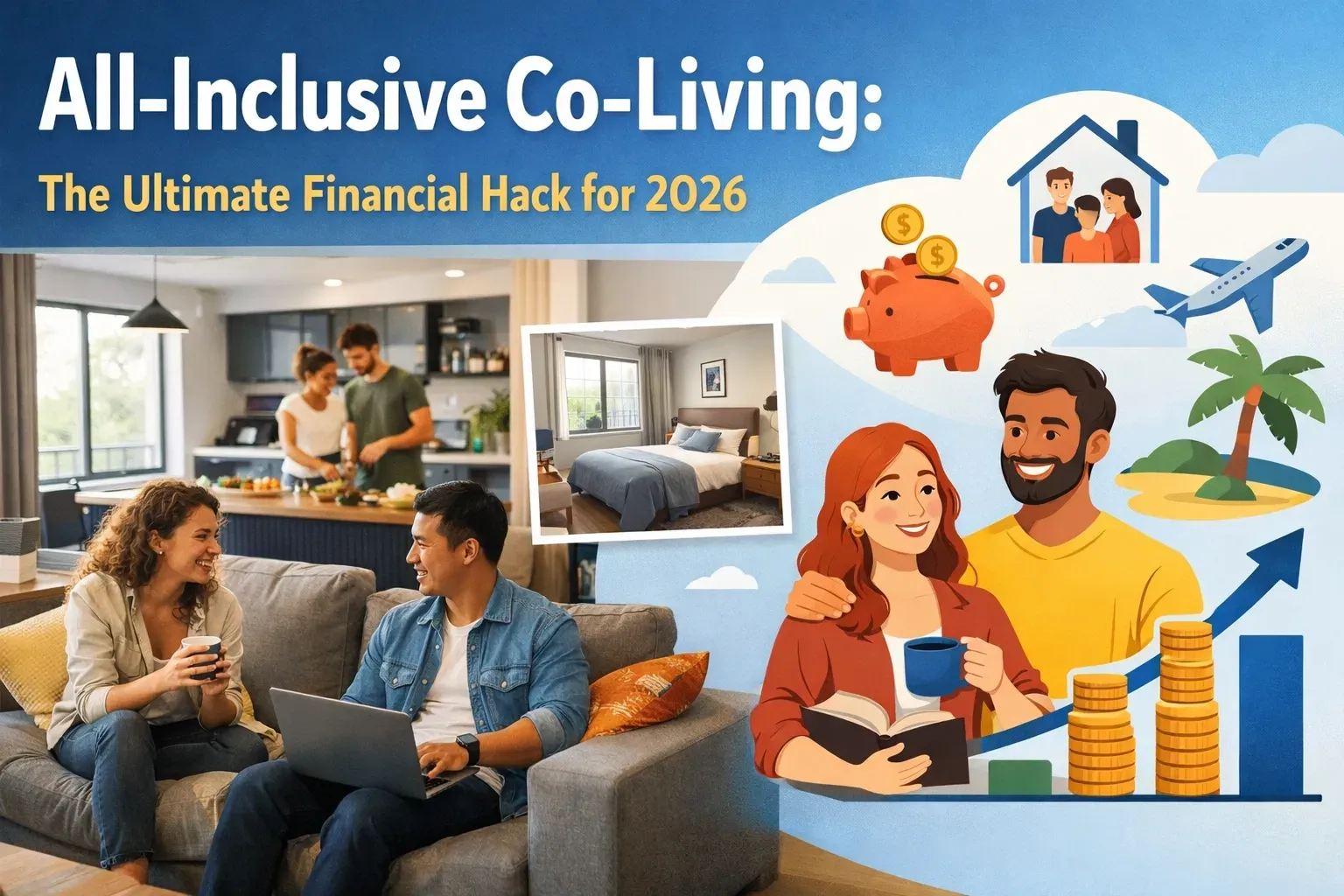 People in co-living space, text reads