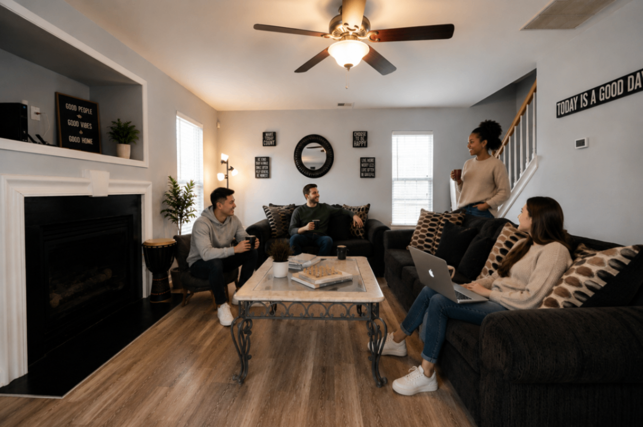 Cozy living room with family gathered around a coffee table, fireplace on the left and a ceiling fan overhead