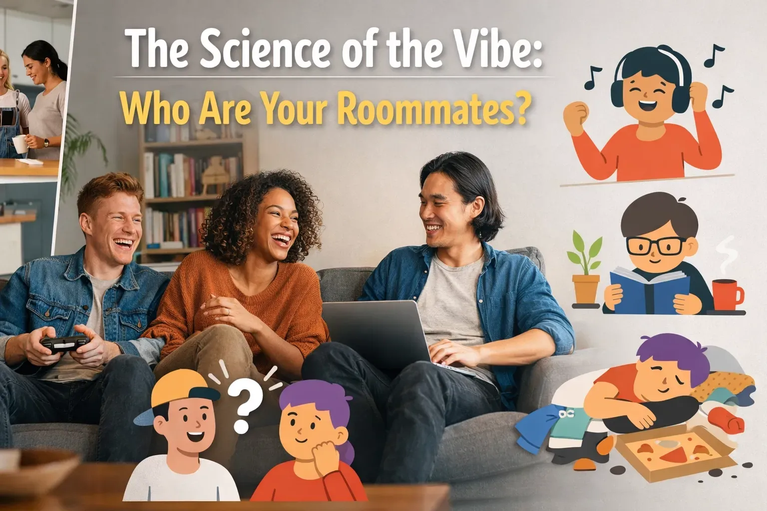 Group of friends on a couch with cartoons of roommates' habits, text: 