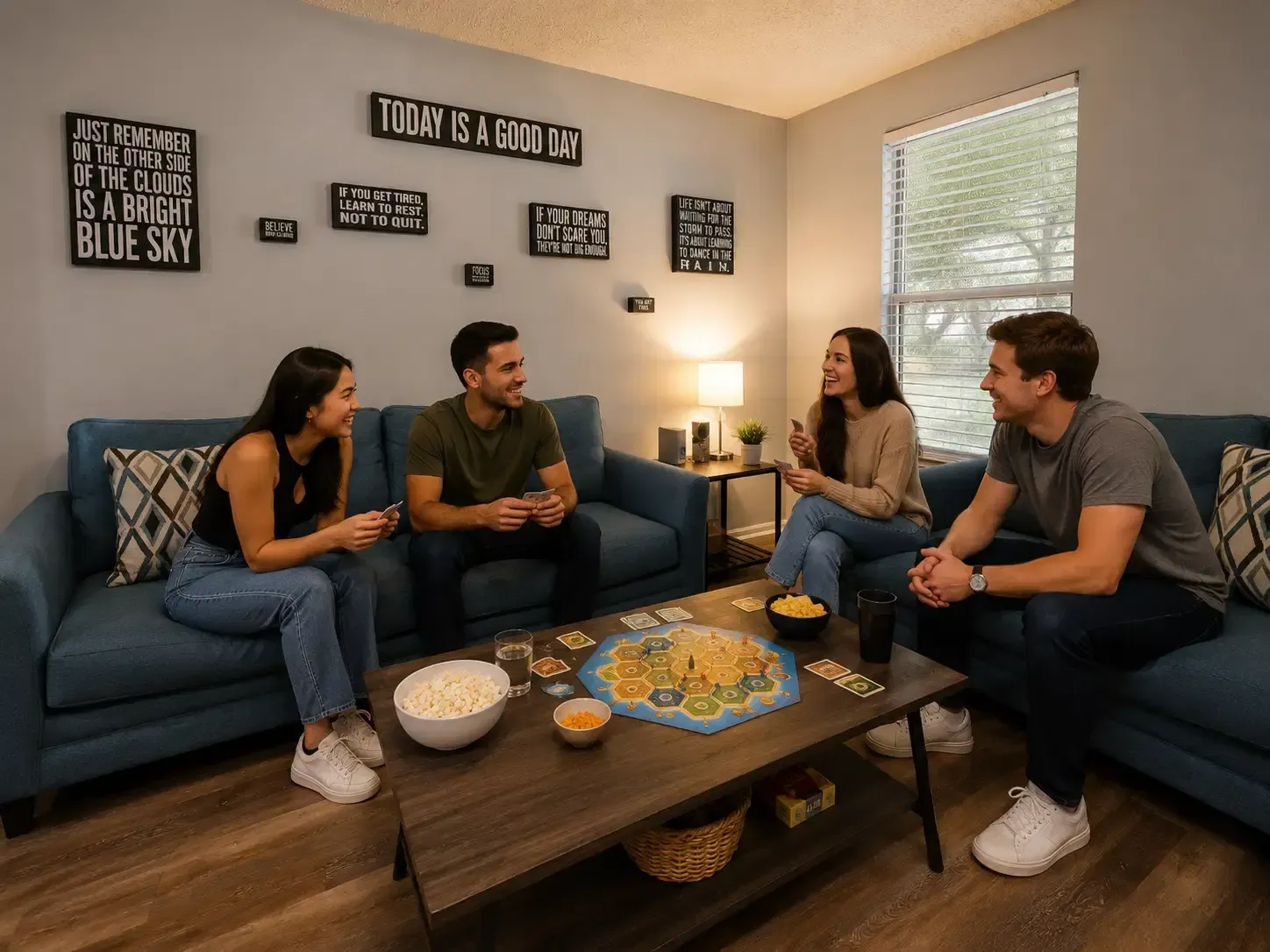 Four people chatting on blue sofas in a cozy living room with a coffee table and wall art.