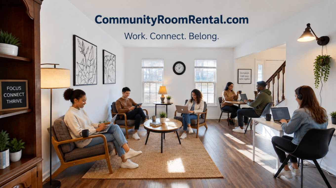 People meeting in a bright community room with chairs, table, and coffee bar; CommunityRoomRental.com banner above.