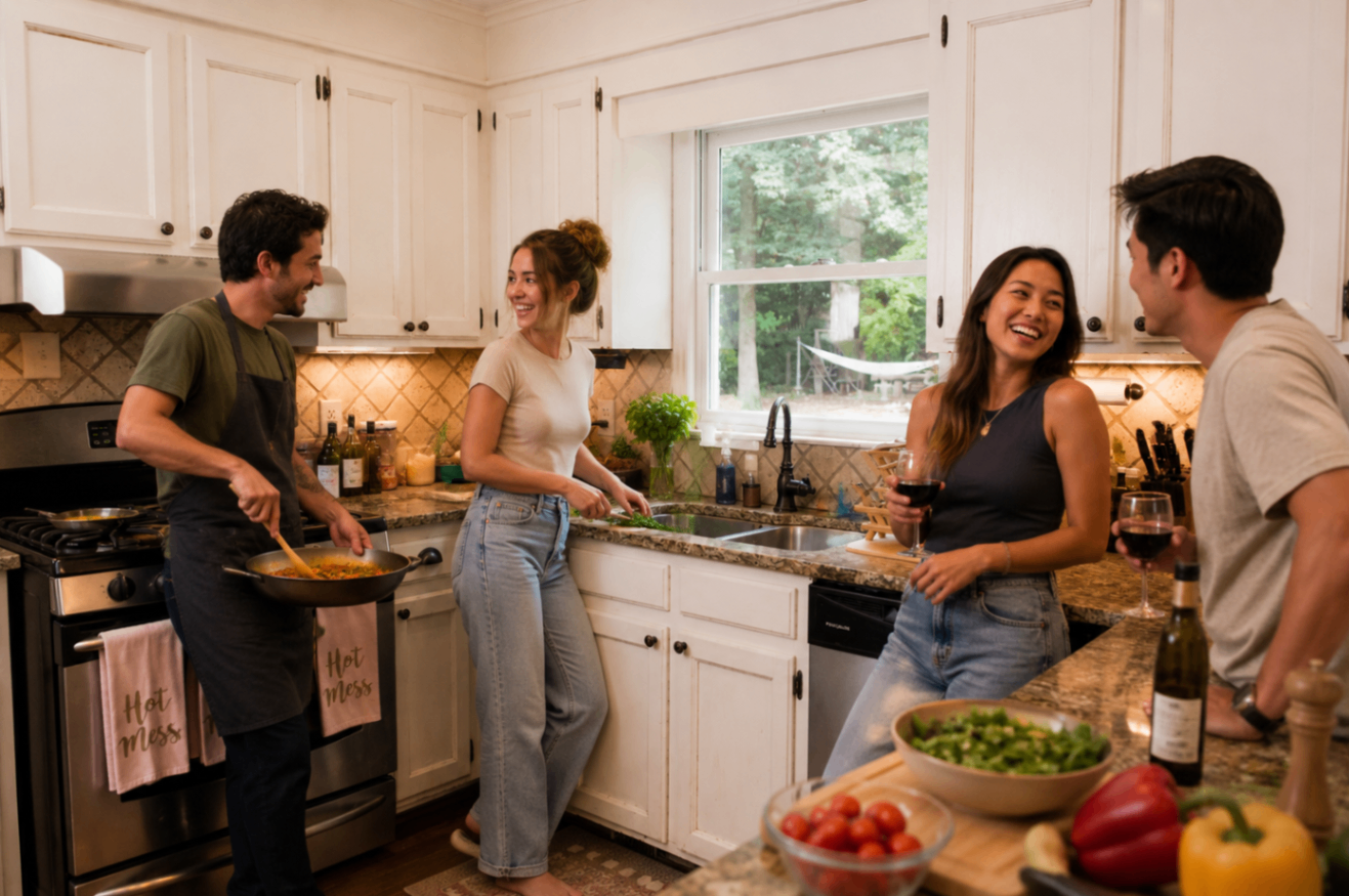 Professionals cooking and socializing in a shared modern kitchen