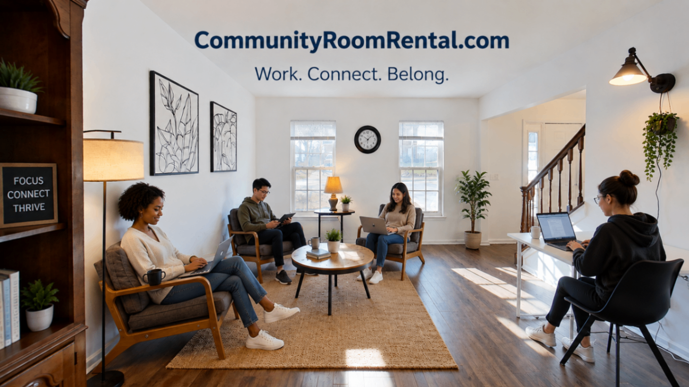 Professional residents collaborating in a bright communal workspace