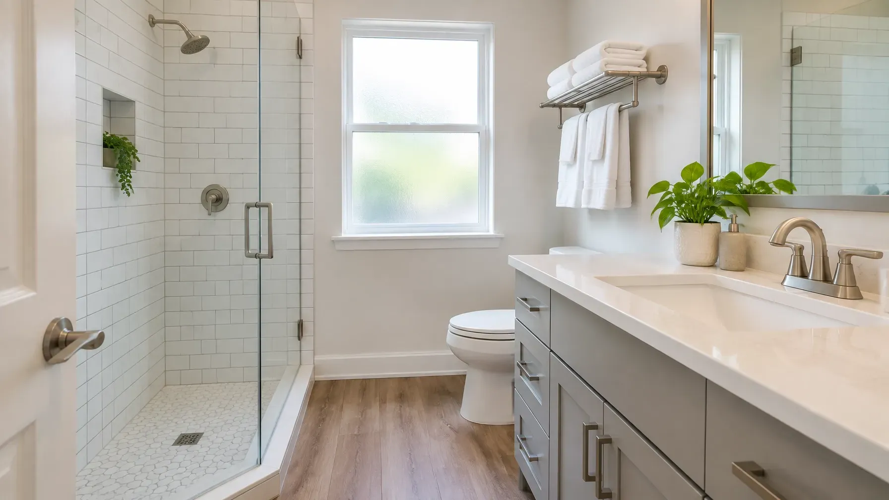 Clean modern private bathroom with a glass shower, vanity, and folded towels in a professionally managed Charlotte co-living home.