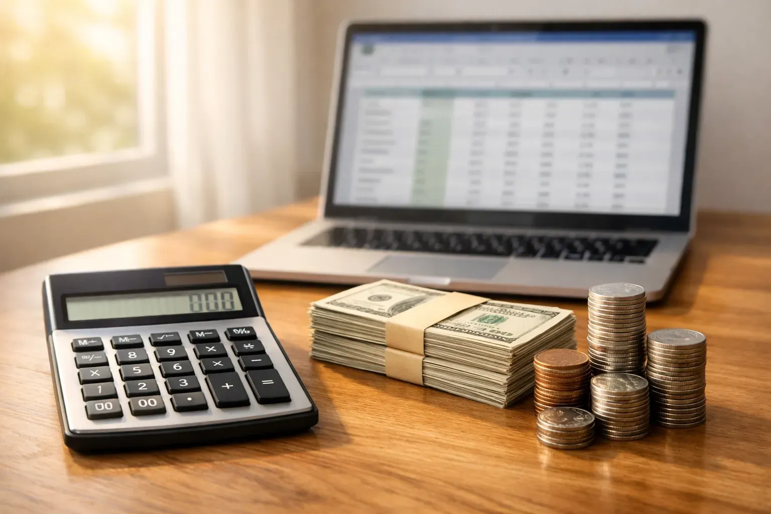 Laptop with spreadsheet, calculator, cash, and coins on wooden table near window.