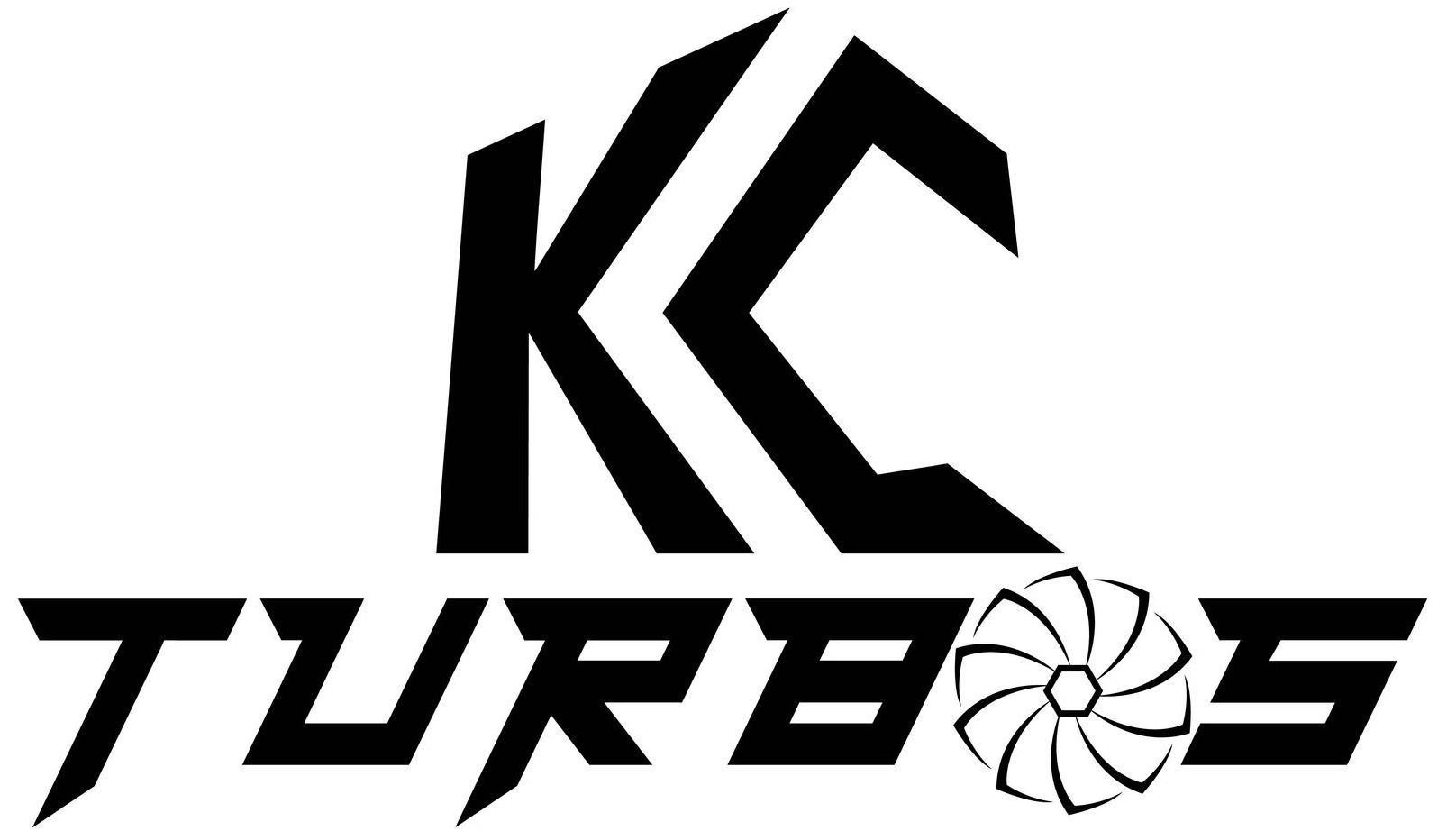 A black and white logo for kc turbos with a fan.