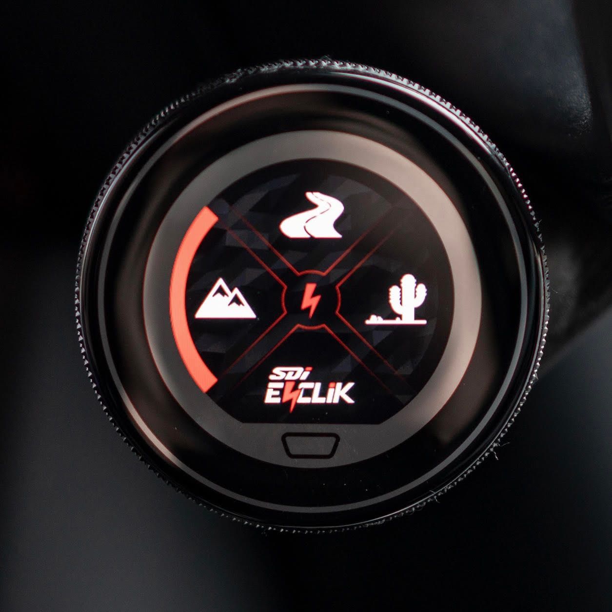 A sdv e4clik device displays a mountain cactus and a lightning bolt