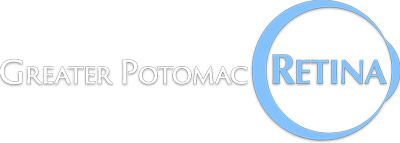 The logo for greater potomac retina is blue and white.