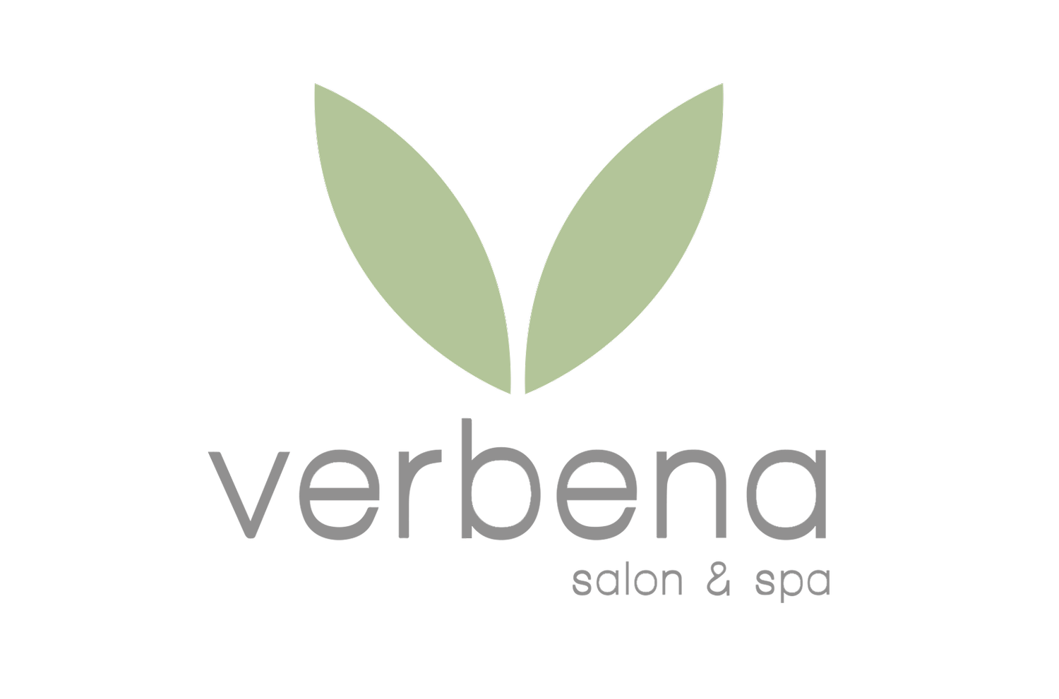 The logo for verbena salon and spa has two green leaves on it.