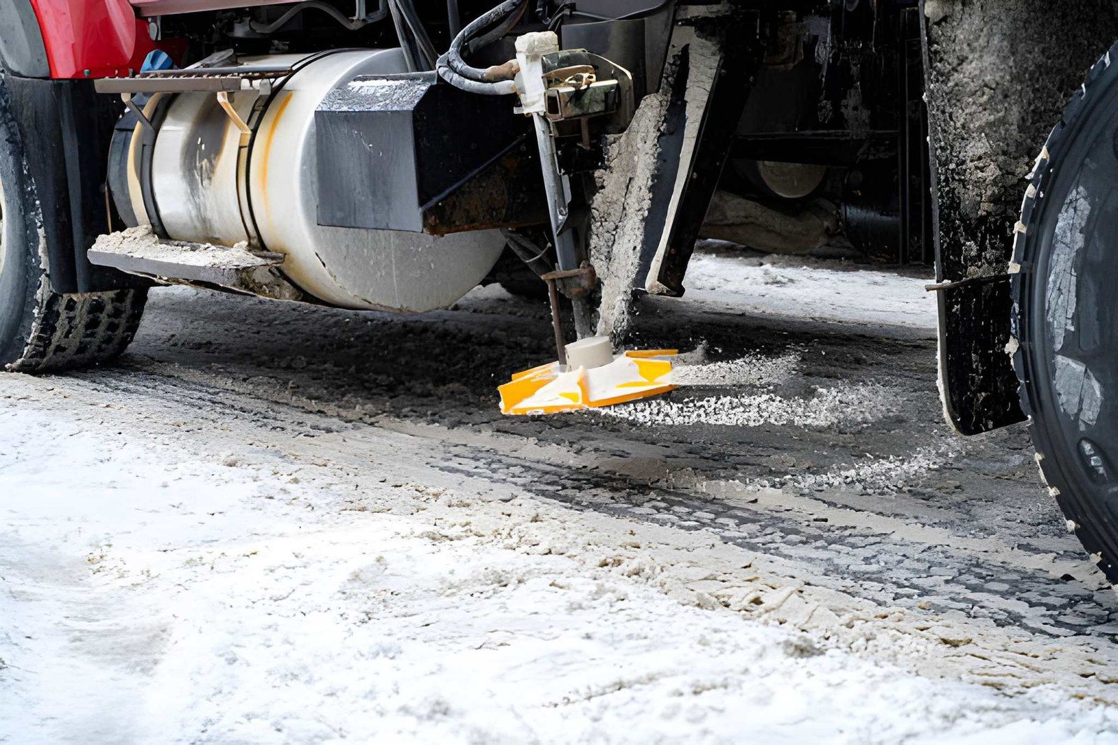 Road salt being spread from a vehicle onto a snowy street.