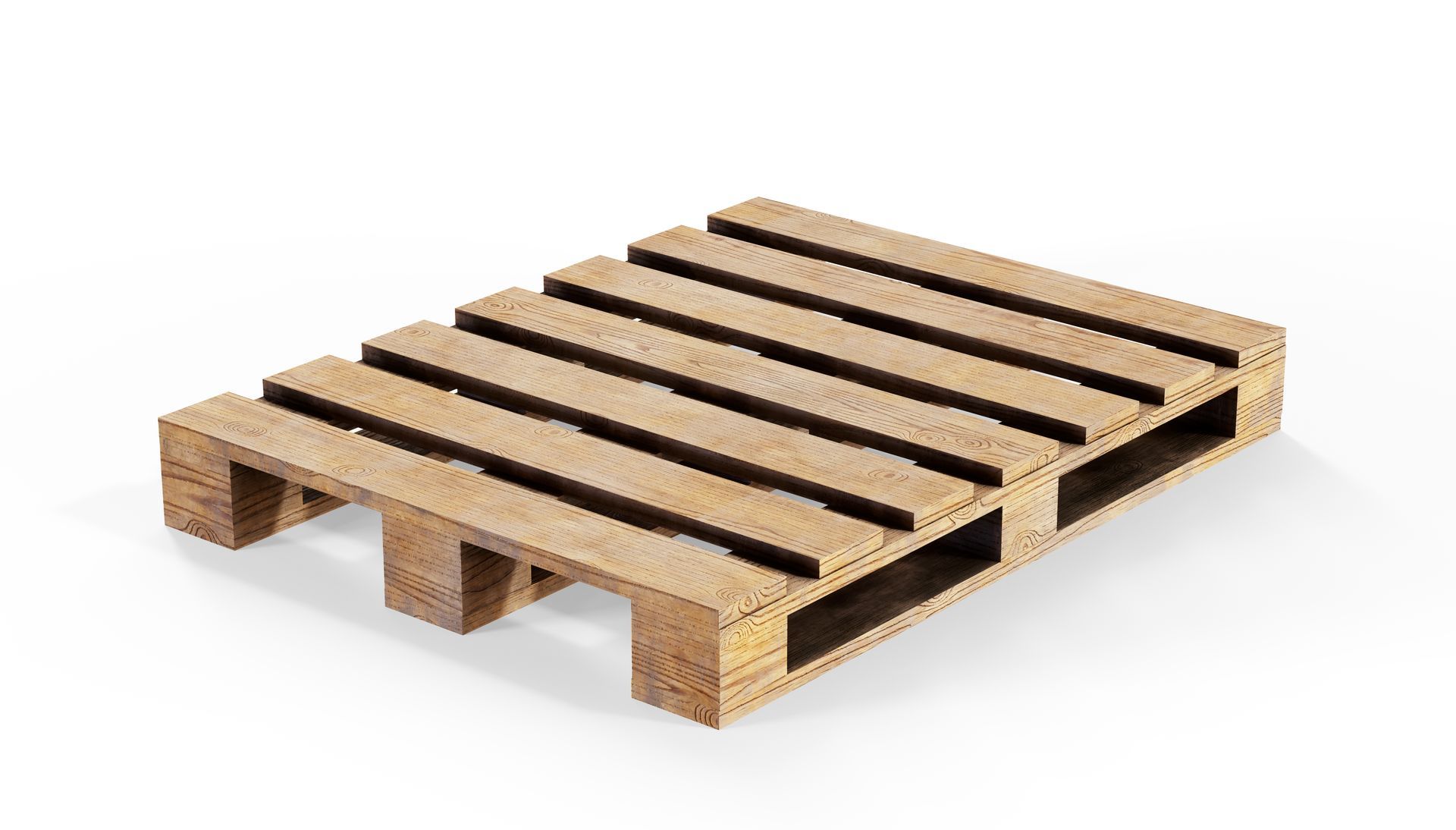 Wooden pallet with slatted top and open slots, isolated on a white background