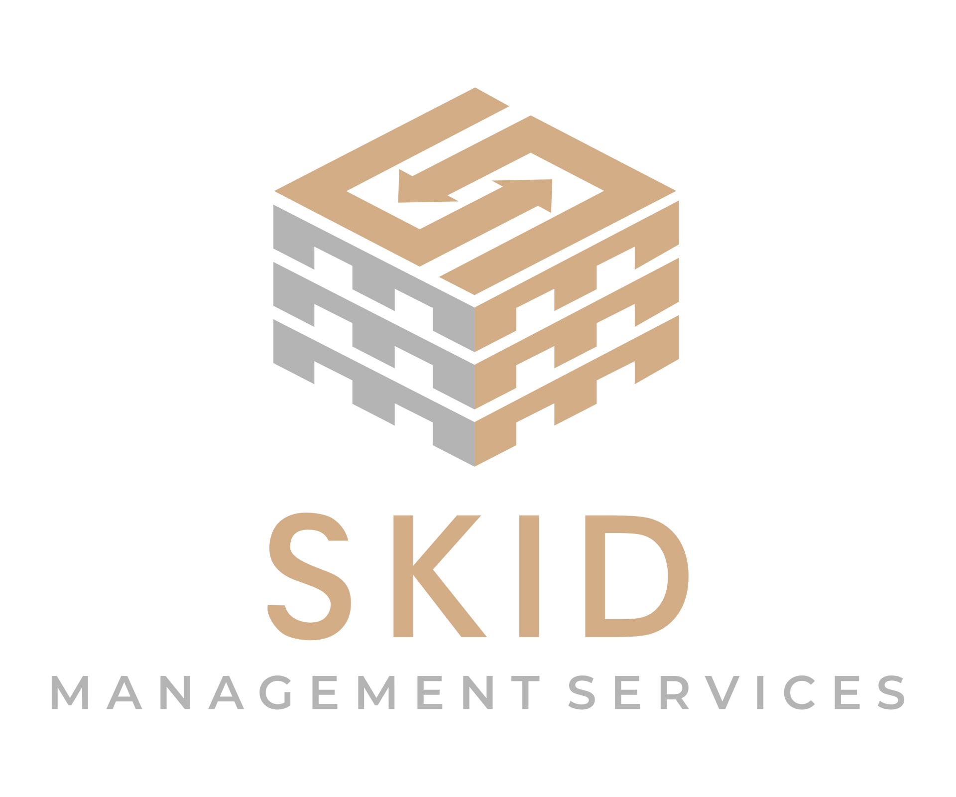 SKID Management Services logo with tan and gray geometric cube emblem and text on white background