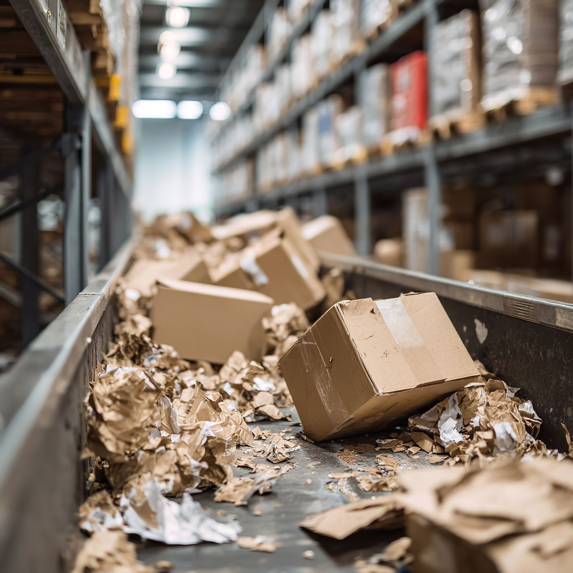 Cardboard boxes and packing debris on a warehouse conveyor belt, with shelves in the background