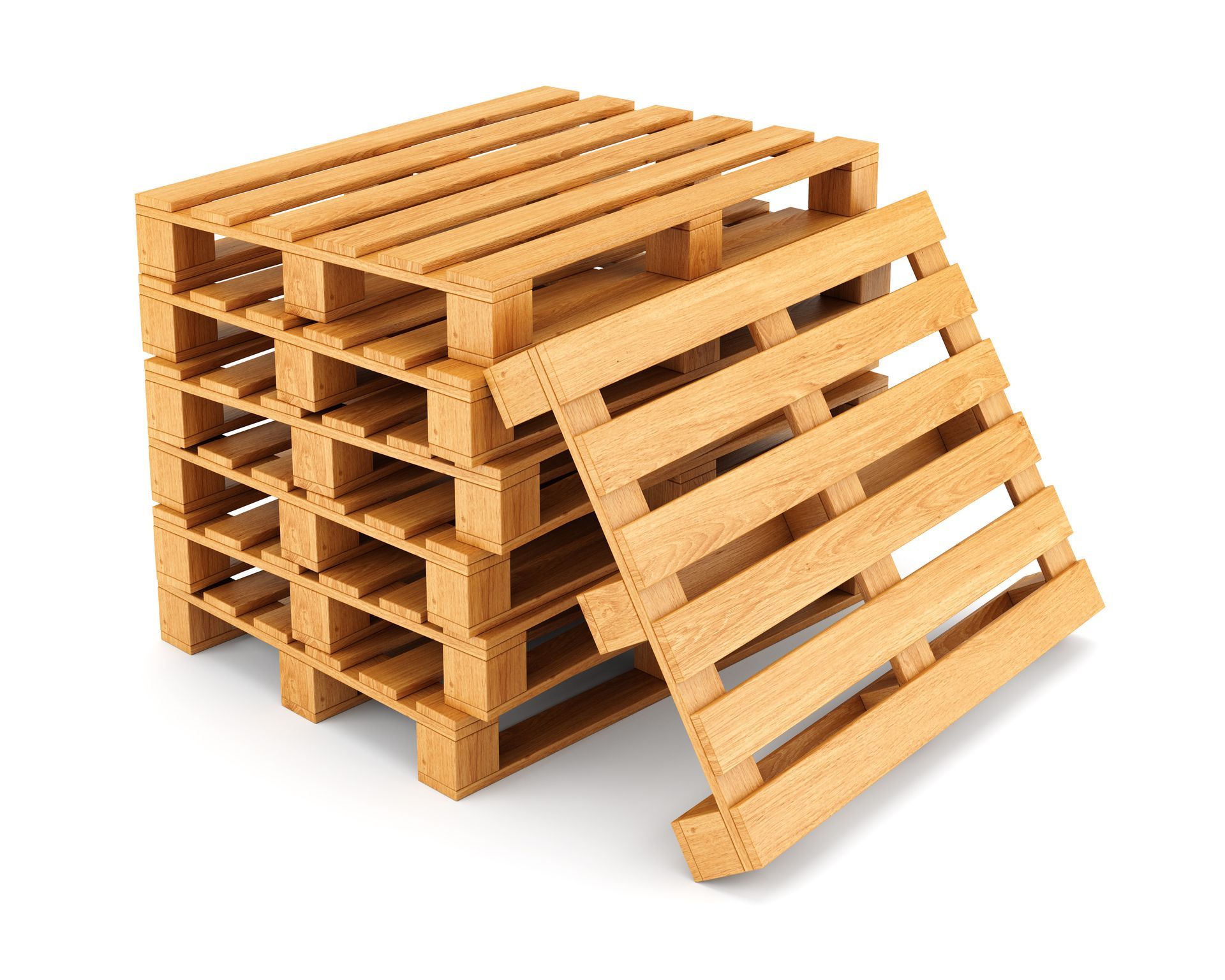 Stacked wooden pallets with one leaning against the side