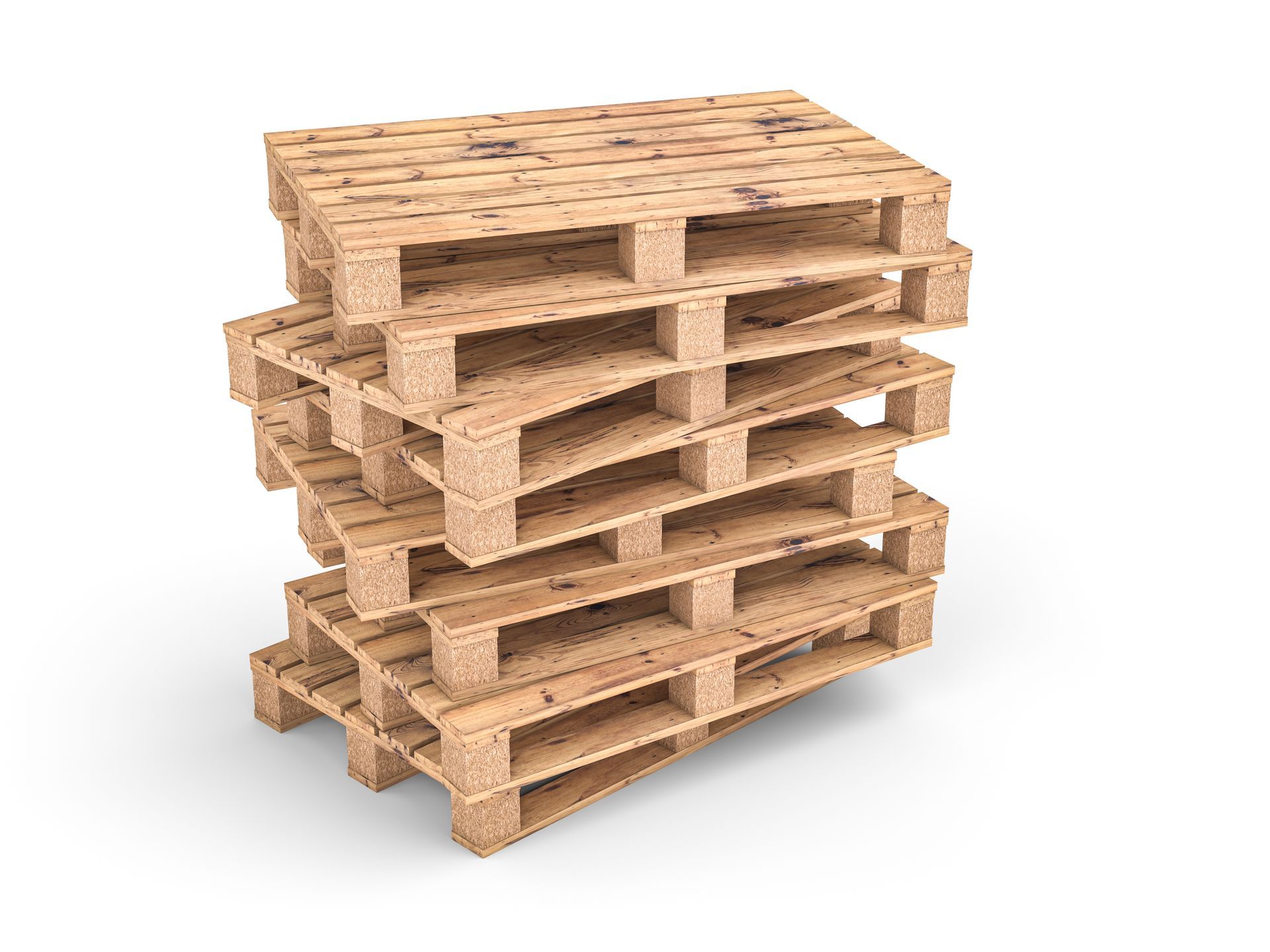 Stack of wooden pallets arranged unevenly on a white background