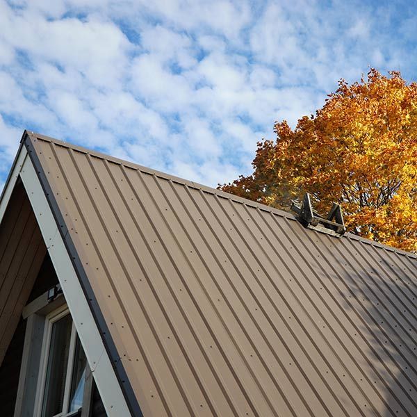 Metal-roofed building corner beneath a blue sky with clouds and autumn leaves
