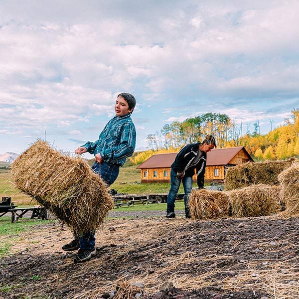 Two people lifting hay bales in a field near a farmhouse under a cloudy sky