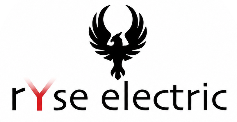 Ryse Electric logo with black phoenix and black and red text on a white background