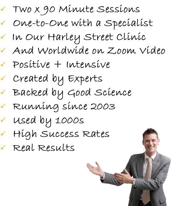 A man pointing to a list of key aspects of the Public Speaking Phobia Cure program