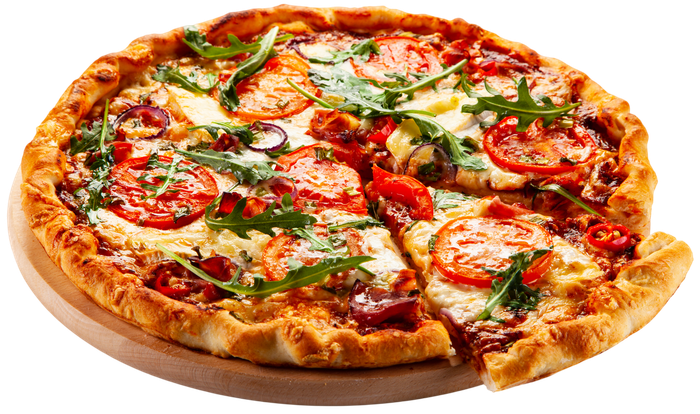 Cheese pizza topped with tomatoes, basil, and pepperoni on a wooden board
