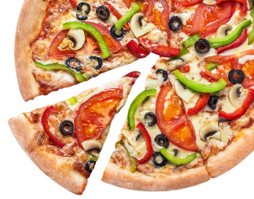 Sliced pizza topped with green peppers, olives, tomatoes, and mushrooms on a white background