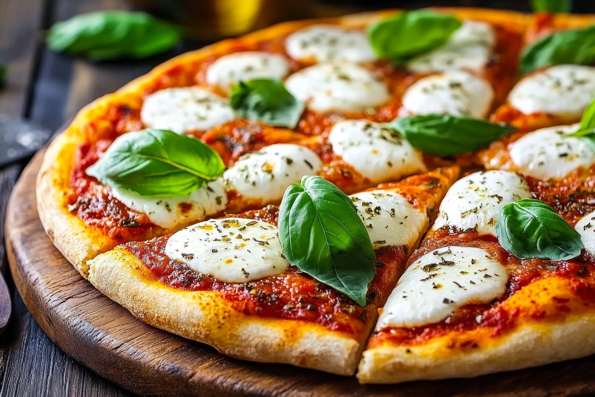 Margherita pizza with melted mozzarella, tomato sauce, and basil leaves on a wooden board