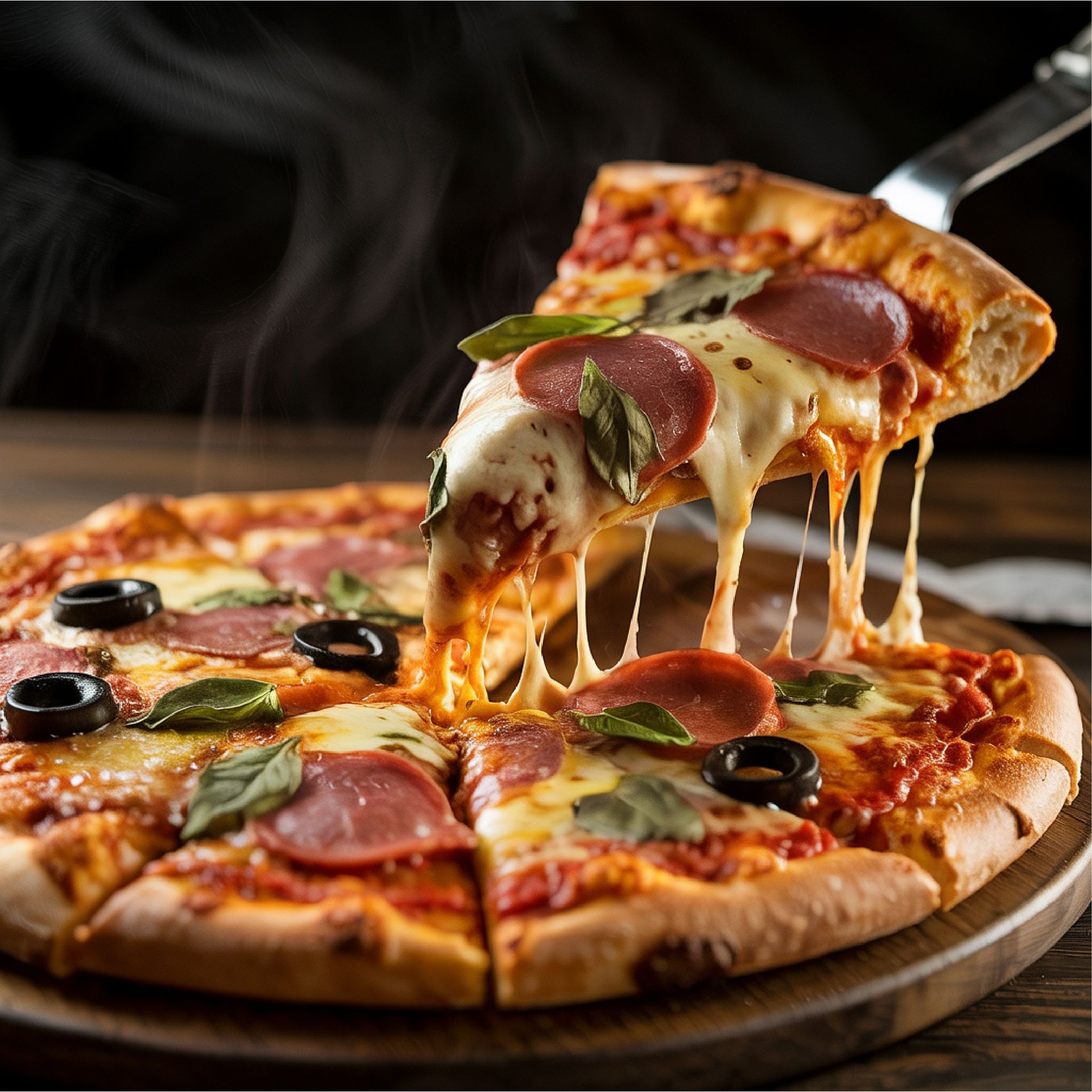 Cheesy pepperoni pizza slice being lifted, with olives and basil on a wooden board