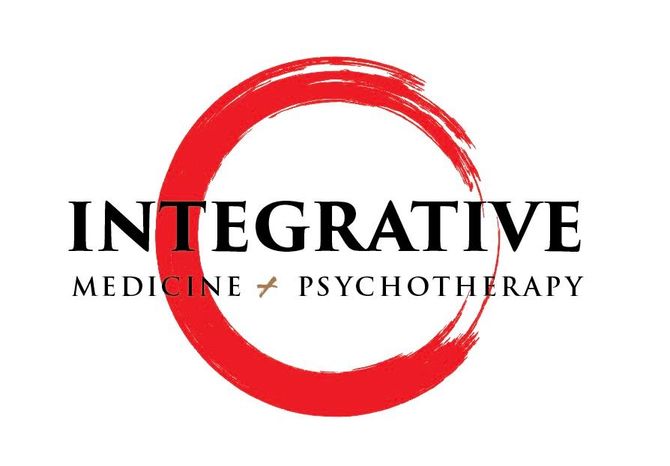 Integrative Medicine + Psychotherapy logo with black text and a red circular brushstroke