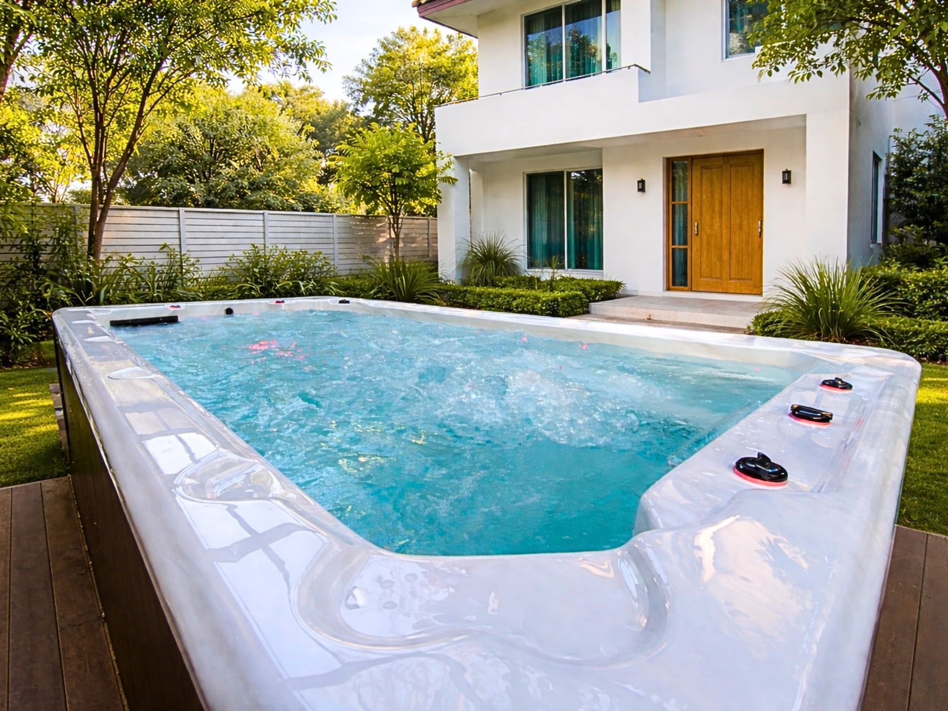 Above-ground swim spa installed in a modern home garden, featuring clear water, massage jets, and a compact design suitable for residential outdoor use in tropical climates.