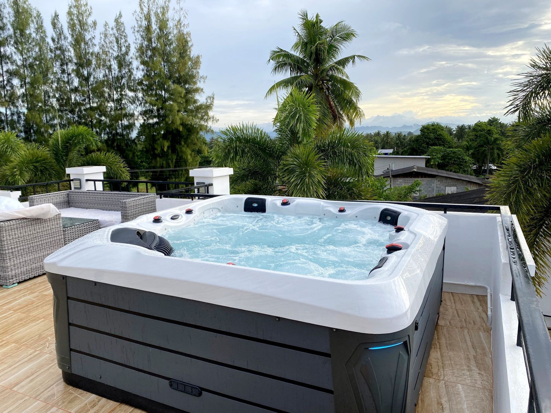 Q&G outdoor hot tub installed on a second-floor roof deck in Hua Hin, Prachuap Khiri Khan