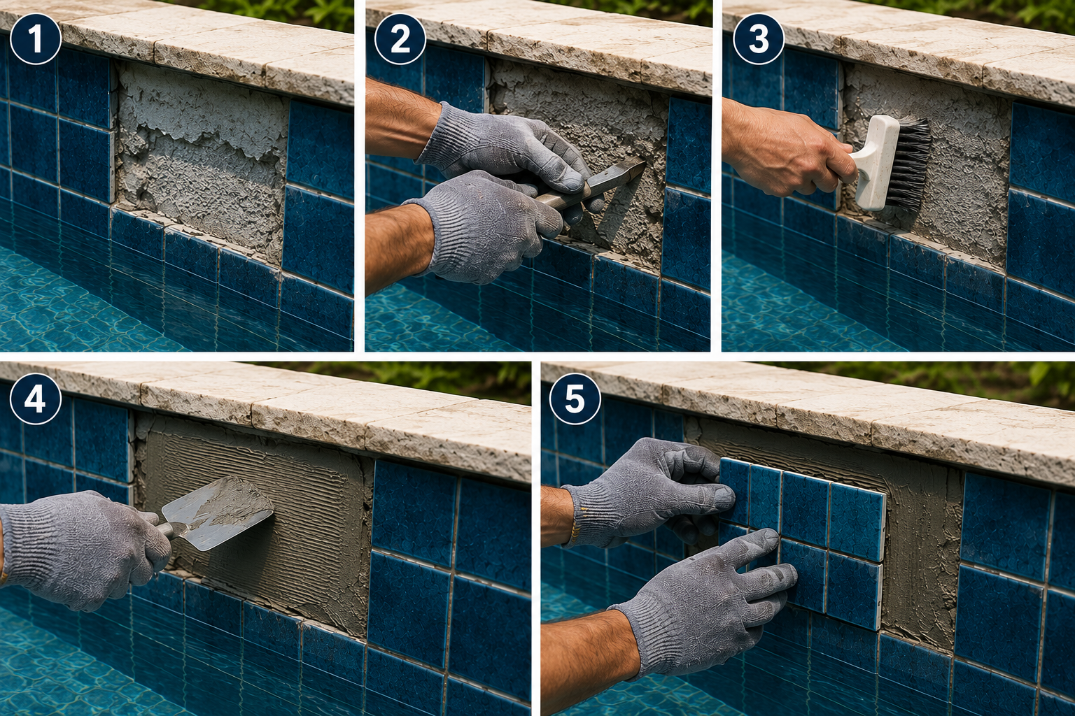 Step-by-step process of repairing damaged swimming pool tiles, showing surface preparation, tile removal, cleaning, mortar application, and installation of new ceramic tiles on a concrete pool wall.